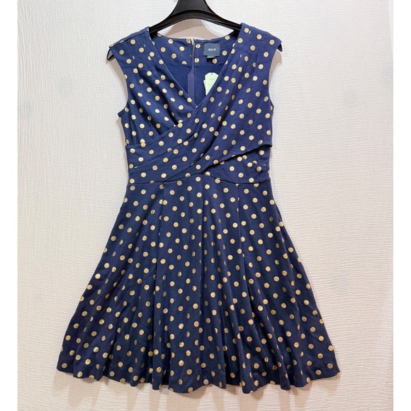 Maeve Dresses & Skirts - Maeve Polka Dot Dress Womens Medium Navy Gold Sleeveless Pockets Fit Flare Retro